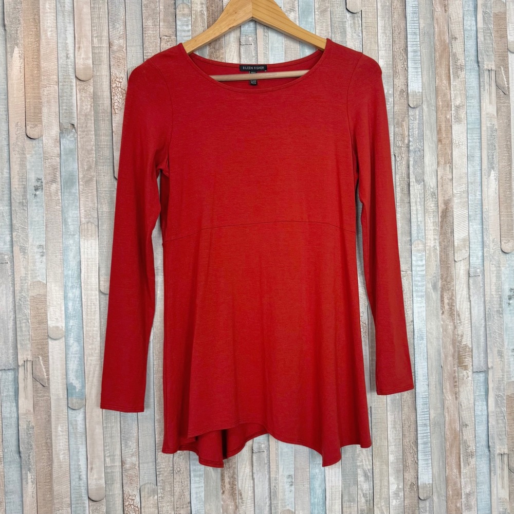 Eileen Fisher XS Viscose Jersey Knit Long Sleeve‎ Asymmetric Hem Tunic Top Tee